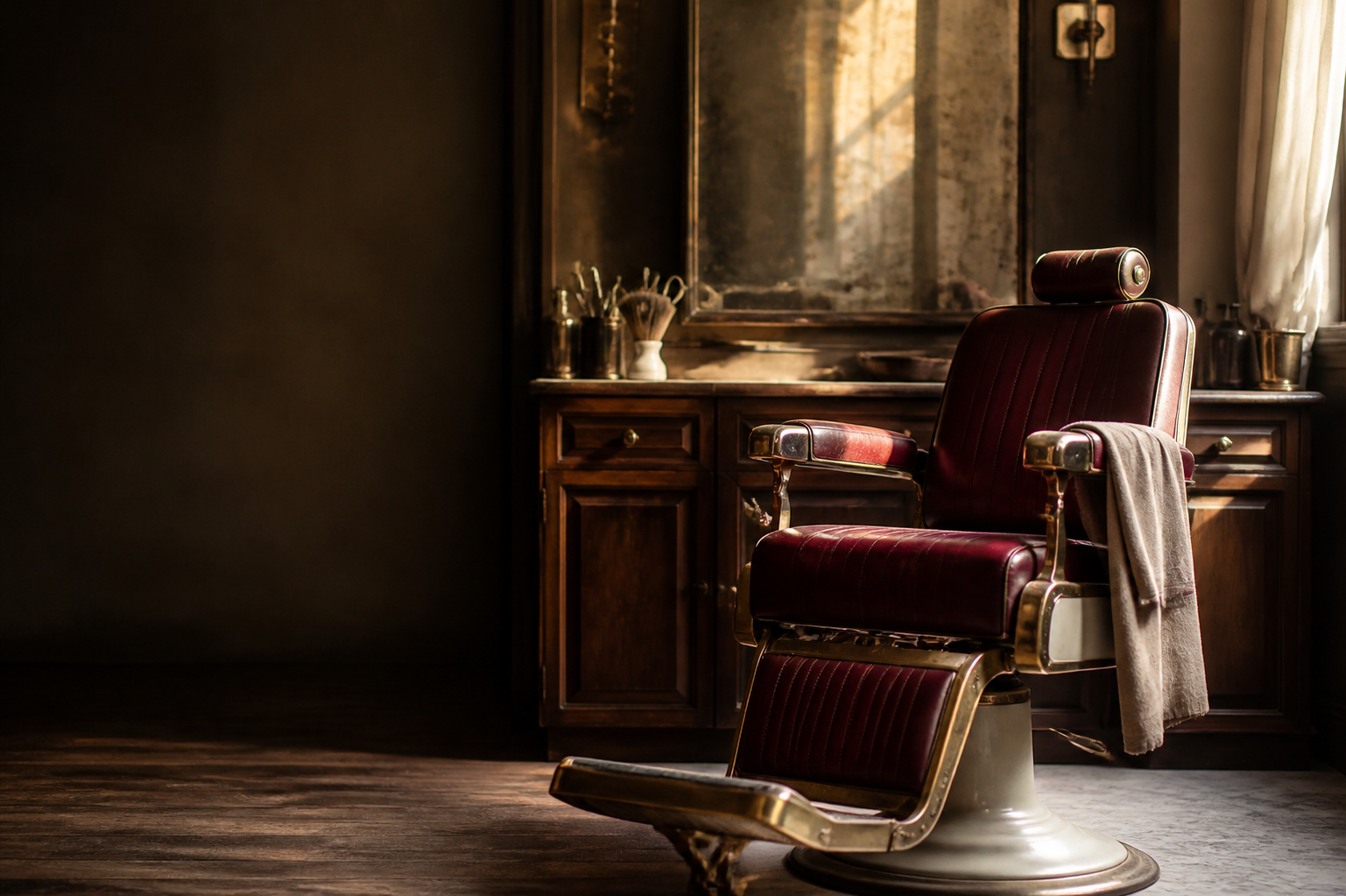 Fauteuil de barbier traditionnel en cuir bordeaux dans un salon chaleureux